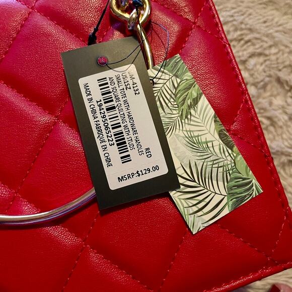 Badgley Mischka Mini Crossbody Tote Red Quilted Studs New With Tags - Picture 4 of 9
